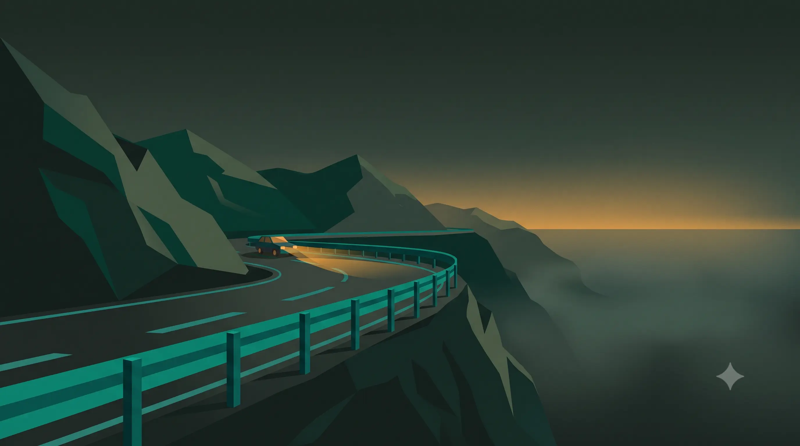 Car driving near a cliff at dusk