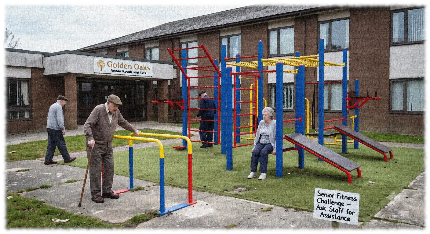 AI generated image of an elderly home with callisthenics park